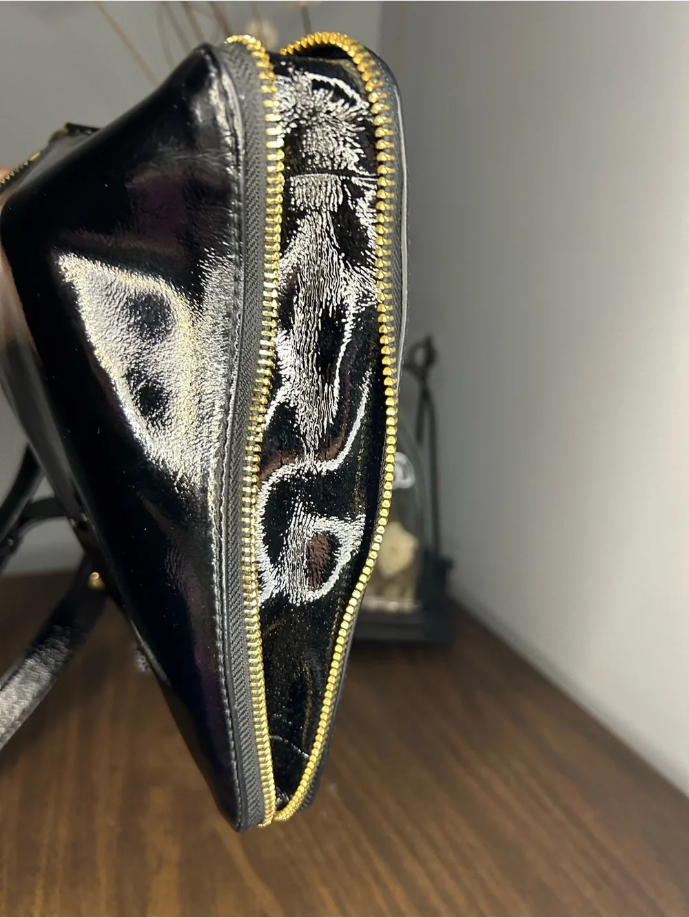 Cole Haan Black Patent Leather Pink Interior Double Zip Crossbody Bag